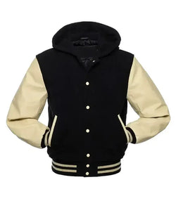Black and Cream Hooded Varsity Jacket View 2