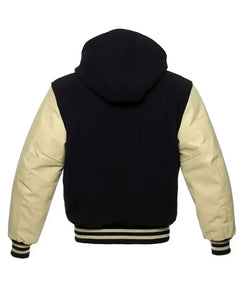 Black and Cream Hooded Varsity Jacket View 3