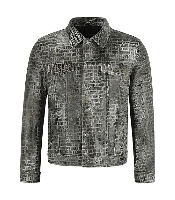 Crocodile Embossed Leather Trucker Jacket
