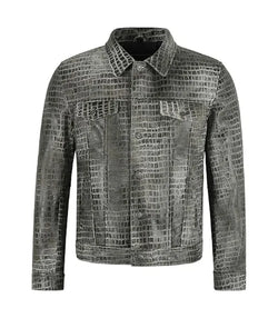 Crocodile Embossed Leather Trucker Jacket View 1