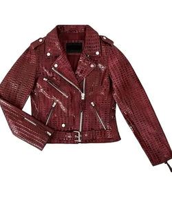 Red Crocodile-Embossed Leather Biker Jacket View 3