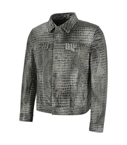 Crocodile Embossed Leather Trucker Jacket View 3