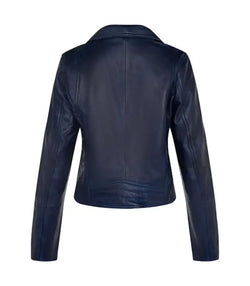 Womens Dark Blue Biker Leather Jacket View 2
