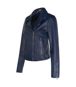 Womens Dark Blue Biker Leather Jacket View 3