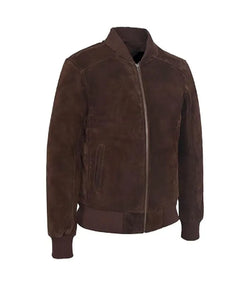 Dark Brown Suede Leather Bomber Jacket View 3