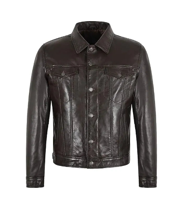 Dark Brown Leather Trucker Jacket