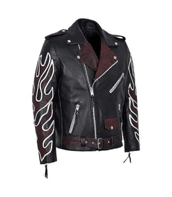 Red Flame Black Leather Biker Jacket View 3