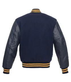 Gold Knit Trim Navy Varsity Jacket View 2