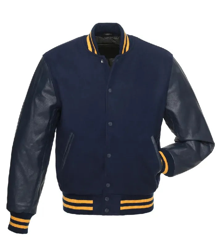 Gold Knit Trim Navy Varsity Jacket