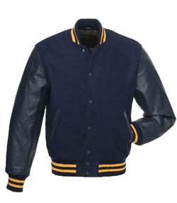 Gold Knit Trim Navy Varsity Jacket View 1