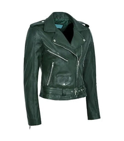 Emerald Green Leather Biker Jacket View 2