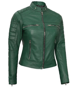 Women Cafe Racer Green Leather Jacket View 3