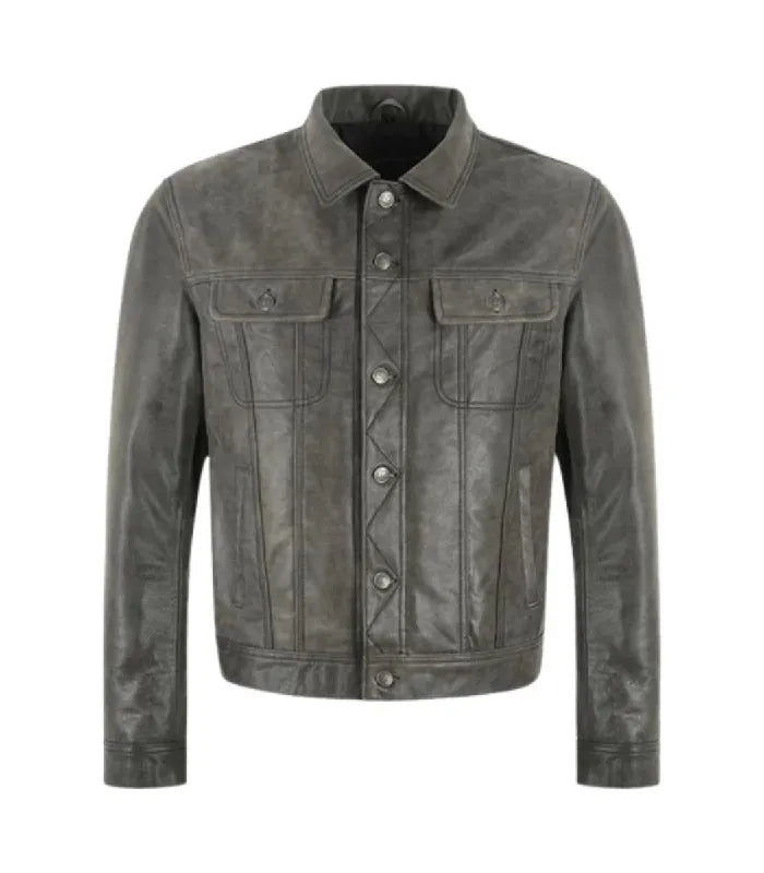 Grey Leather Trucker Jacket