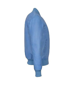Light Blue Leather Bomber Jacket View 4