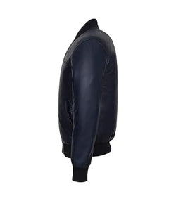 Navy Leather Bomber Jacket View 4