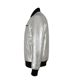 Silver Leather Bomber Jacket View 3