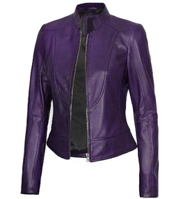 Womens Purple Leather Cafe Racer Jacket View 3