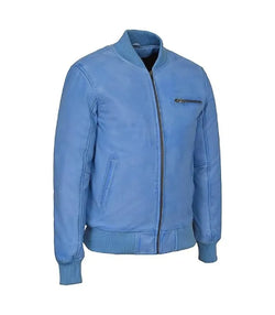 Light Blue Leather Bomber Jacket View 3
