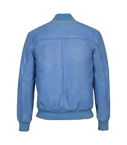 Light Blue Leather Bomber Jacket View 2