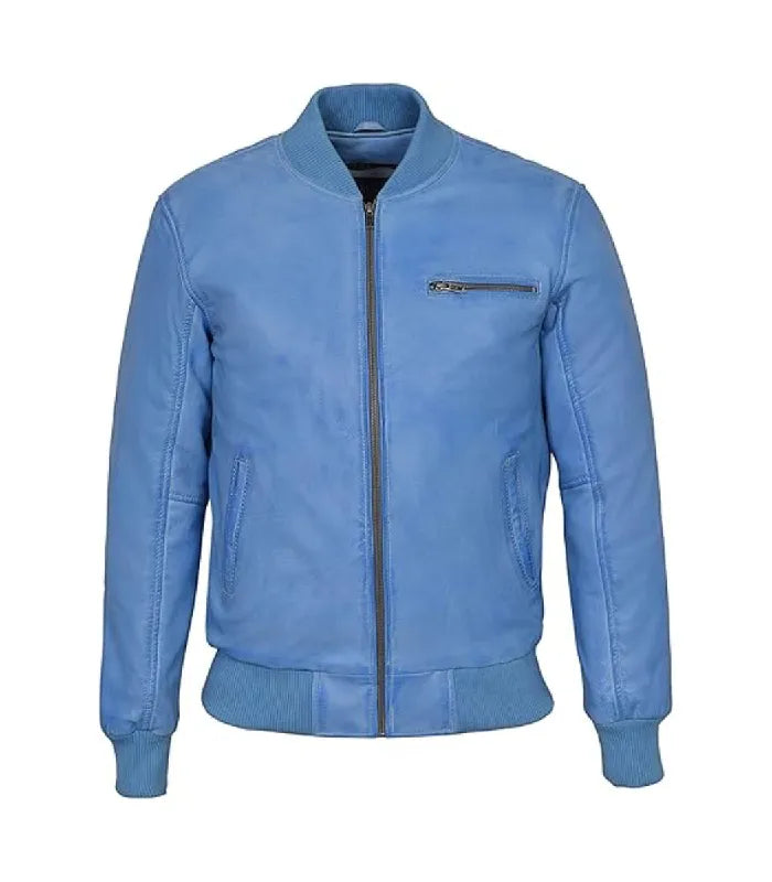 Light Blue Leather Bomber Jacket