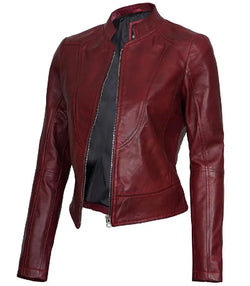 Womens Maroon Leather Cafe Racer Jacket View 3
