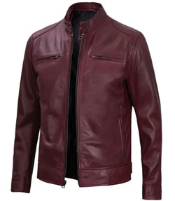 Mens Maroon Cafe Racer Leather Jacket View 3