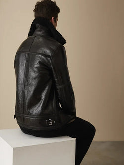 Men Black Shearling Bomber Leather Jacket View 2
