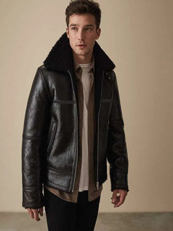Men Black Shearling Bomber Leather Jacket View 1