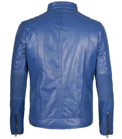 Mens Blue Cafe Racer Leather Jacket View 4