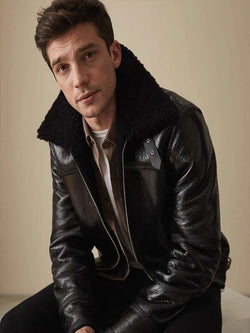 Men Black Shearling Bomber Leather Jacket View 3