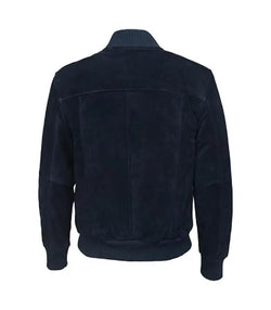 Navy Suede Leather Bomber Jacket View 2