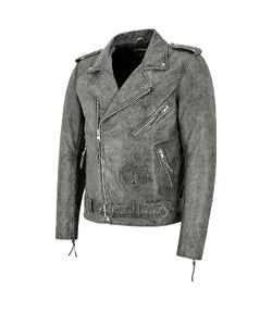 Mens Grey Leather Biker Jacket View 3