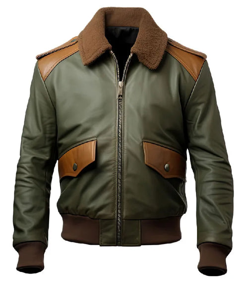 Front view of A2 aviator shearling olive leather jacket with brown fleece collar, flap pockets, and front zipper closure.