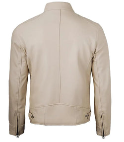 Mens Cafe Racer Beige Leather Jacket View 2