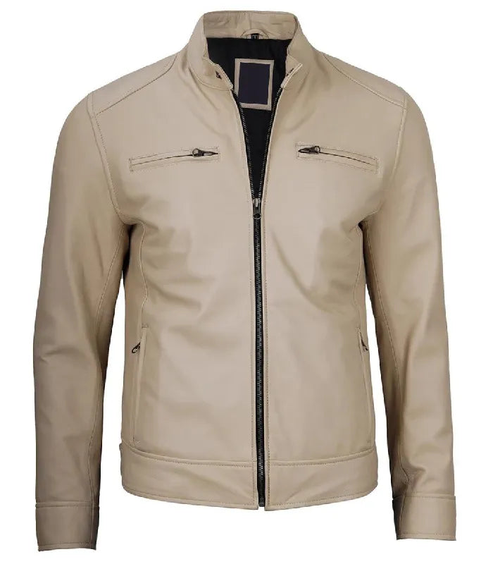 Mens Cafe Racer Beige Leather Jacket