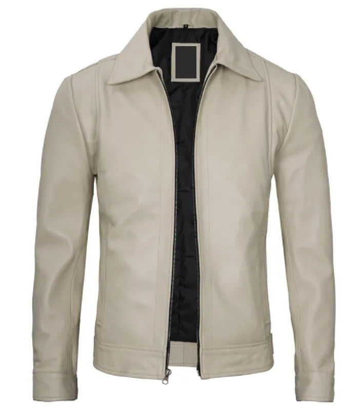 Shirt-Collar Beige Leather Jacket