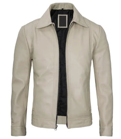 Shirt-Collar Beige Leather Jacket View 1