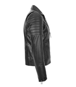 Black Dual-Zip Cross Leather Biker Jacket View 4