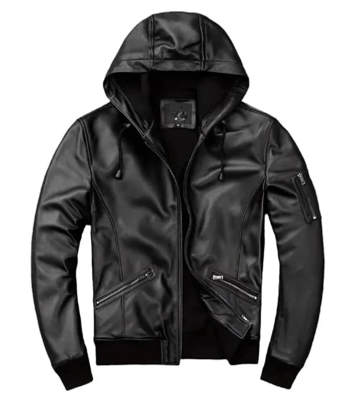 Black Hooded Bomber Leather Jacket