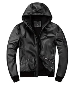 Black Hooded Bomber Leather Jacket View 1