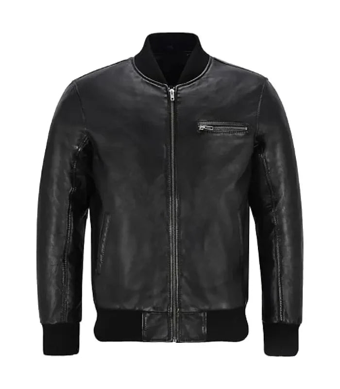 Mens Black Leather Bomber Jacket