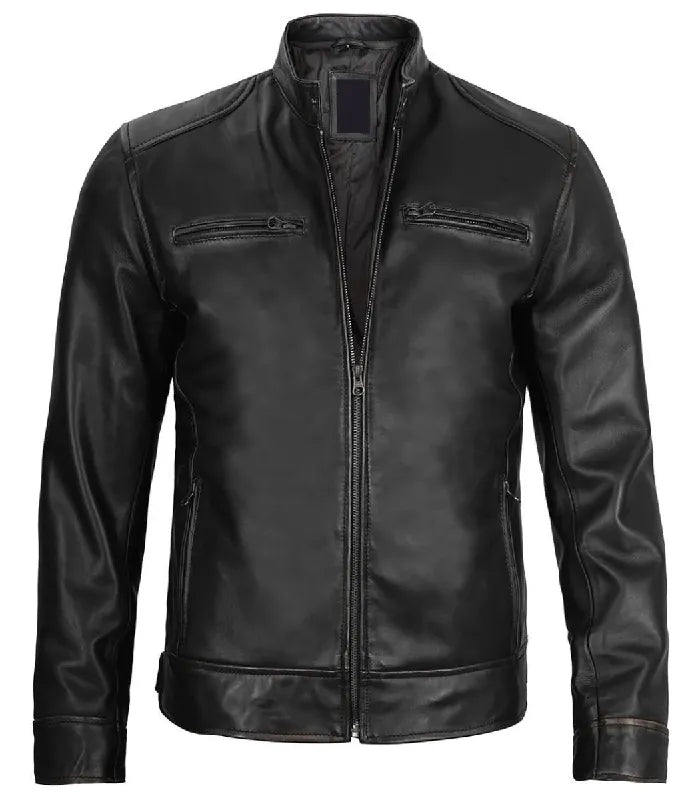 Men Black Leather Cafe Racer Jacket