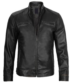Men Black Leather Cafe Racer Jacket View 1