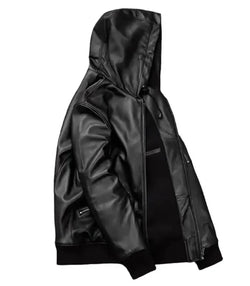 Black Hooded Bomber Leather Jacket View 3