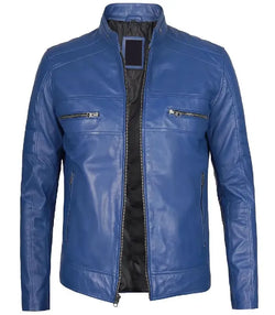 Mens Blue Cafe Racer Leather Jacket View 2