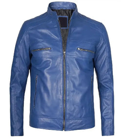 Mens Blue Cafe Racer Leather Jacket View 1