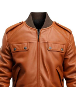 Tan Bomber Leather Jacket View 3