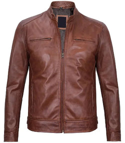 Men Brown Leather Cafe Racer Jacket View 1