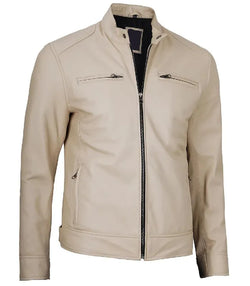 Mens Cafe Racer Beige Leather Jacket View 4
