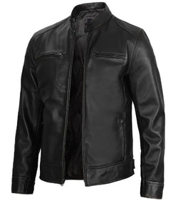 Men Black Leather Cafe Racer Jacket View 4